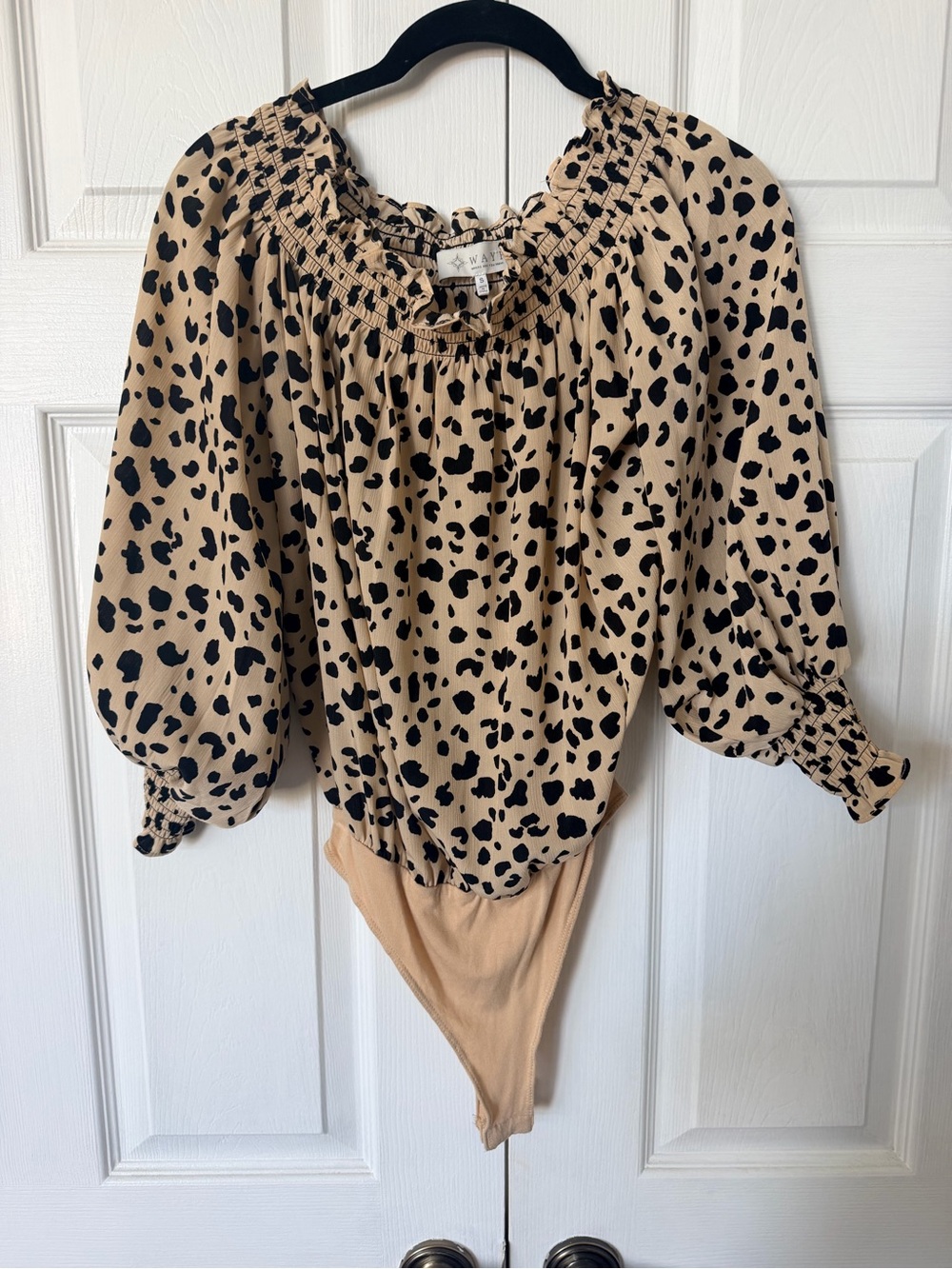 Wayf Beige and Black Leopard Smocked-Neck Bodysuit